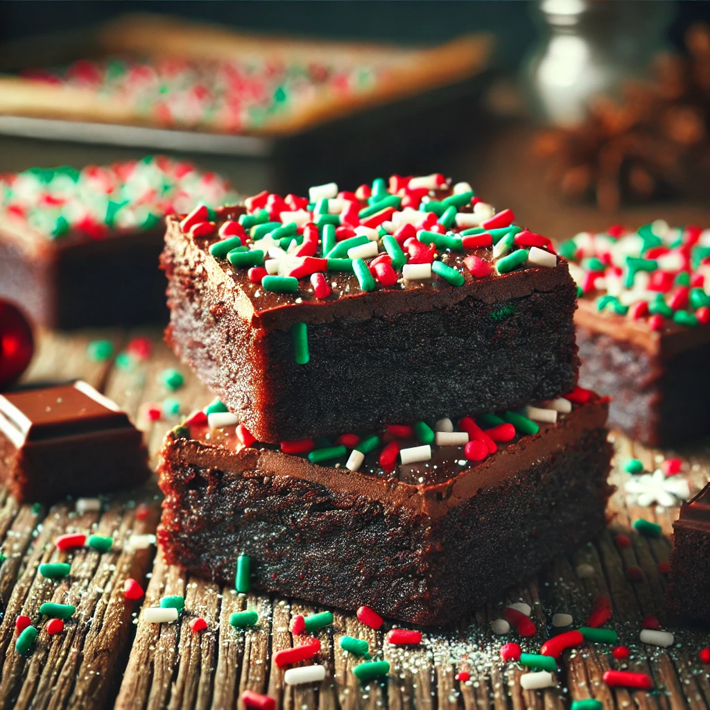 Chewy chocolate brownies topped with red, green, and white sprinkles, sitting on a rustic wooden table.