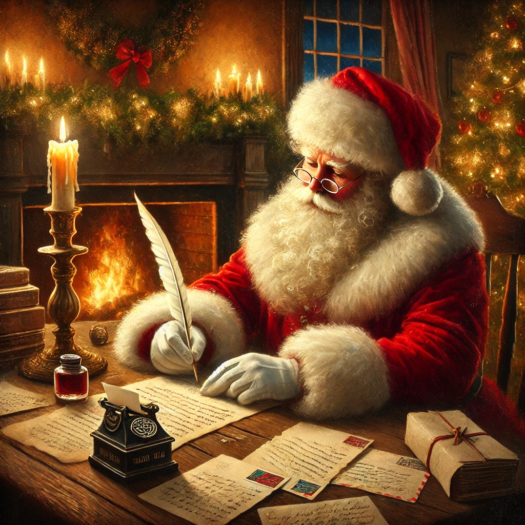 Santa Claus sitting at a rustic wooden desk, writing letters by candlelight in a warm, festive room with a fireplace and Christmas lights glowing in the background.