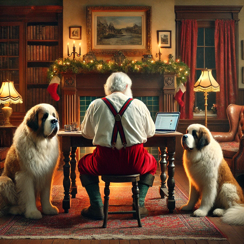 Santa sitting at a library table in a cozy 1900s parlor, looking frustrated with a laptop as his St. Bernards, Jingles and Bell, sit by his side, offering comfort. Santa struggles with modern technology, shown slouched slightly in defeat