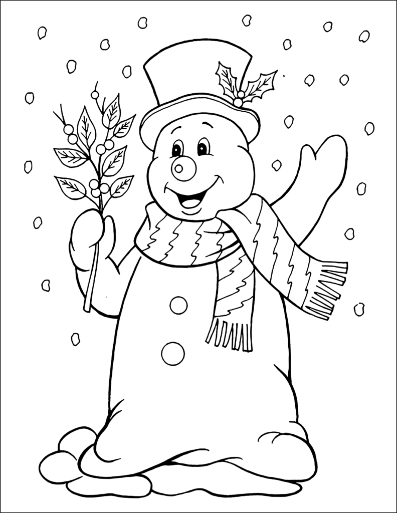 Smiling snowman wearing a top hat and scarf, holding a sprig of holly, with snowflakes falling around