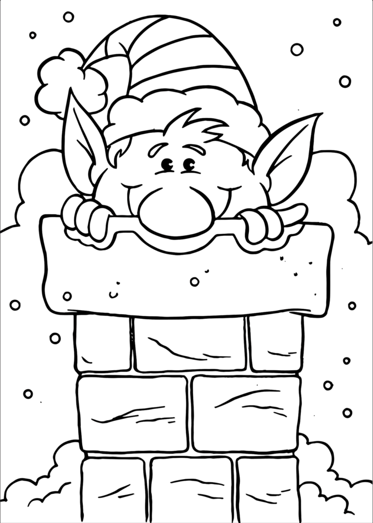 Santa's Elf peeking over a chimney with snowflakes falling