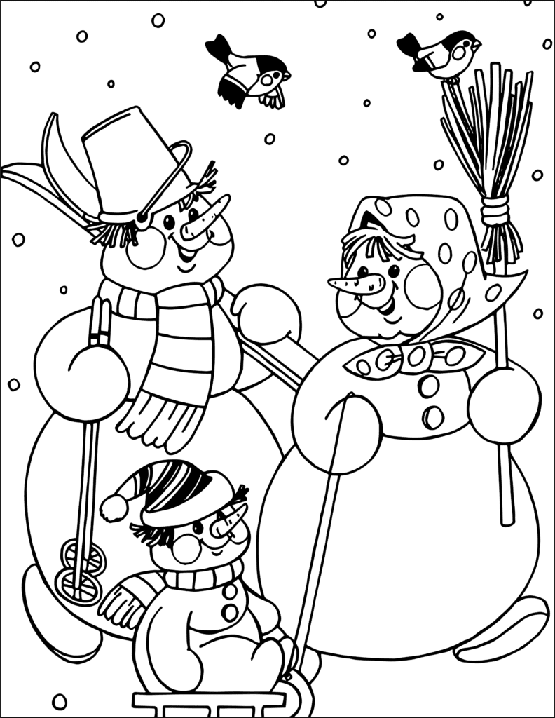 Snowman family enjoying a snowy day, with a child snowman on a sled, and two birds flying above. The larger snowmen are smiling, one holding a broom and the other with a scarf and hat.