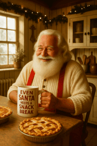 Santa Claus holding a mug that reads “Even Santa Needs a Snack Break” while sitting at a rustic kitchen table with fresh pies in a cozy North Pole kitchen.