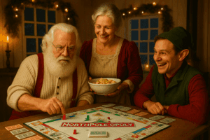 Santa Claus and Herman the elf playing NorthPoleopoly in a cozy parlor while Mrs. Claus brings cocoa and cookies