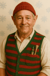 Portrait of Brushwell, the North Pole’s chief photographer elf, wearing a festive red and green striped vest, red knit cap, and carrying a crayon and paintbrush in his pocket. He smiles warmly against a background of pale blue snowflakes.