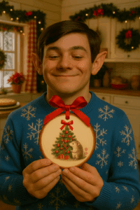 Friendly elf with pointy ears smiling and holding a wooden Christmas ornament featuring a hedgehog and tree, standing in Mrs. Claus’s festive kitchen
