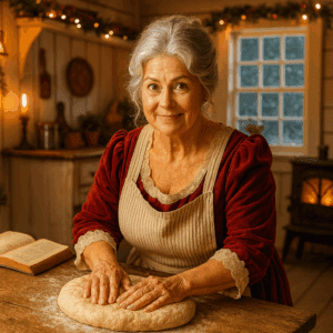 Mrs. Claus kneading bread dough on a wooden table in a festive, warmly-lit country kitchen, wearing a red dress and beige apron, with Christmas garlands and a glowing wood stove in the background.