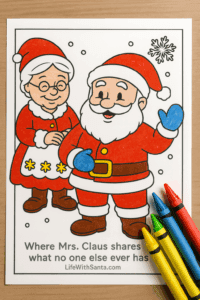Partially colored Mrs. Claus and Santa coloring page with crayons, featuring the tagline “Where Mrs. Claus shares what no one else ever has – LifeWithSanta.com”