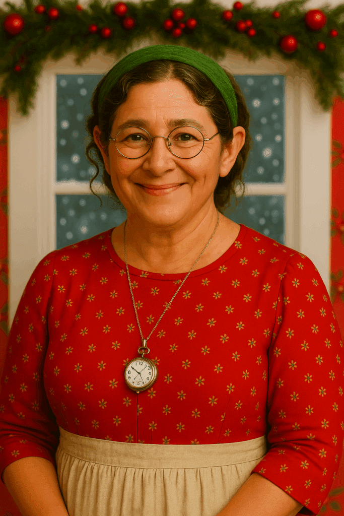 Tilda, the North Pole librarian, stands smiling in a bright red and green vintage dress with a linen apron and a vintage watch pendant. She’s in front of a festive window with garland above, snowy winter scenery outside, and twinkling Christmas lights filling the cozy library.