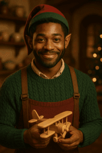 Barry the Elf, a North Pole elf with slightly pointy ears, holding a wooden airplane in a cozy Christmas workshop