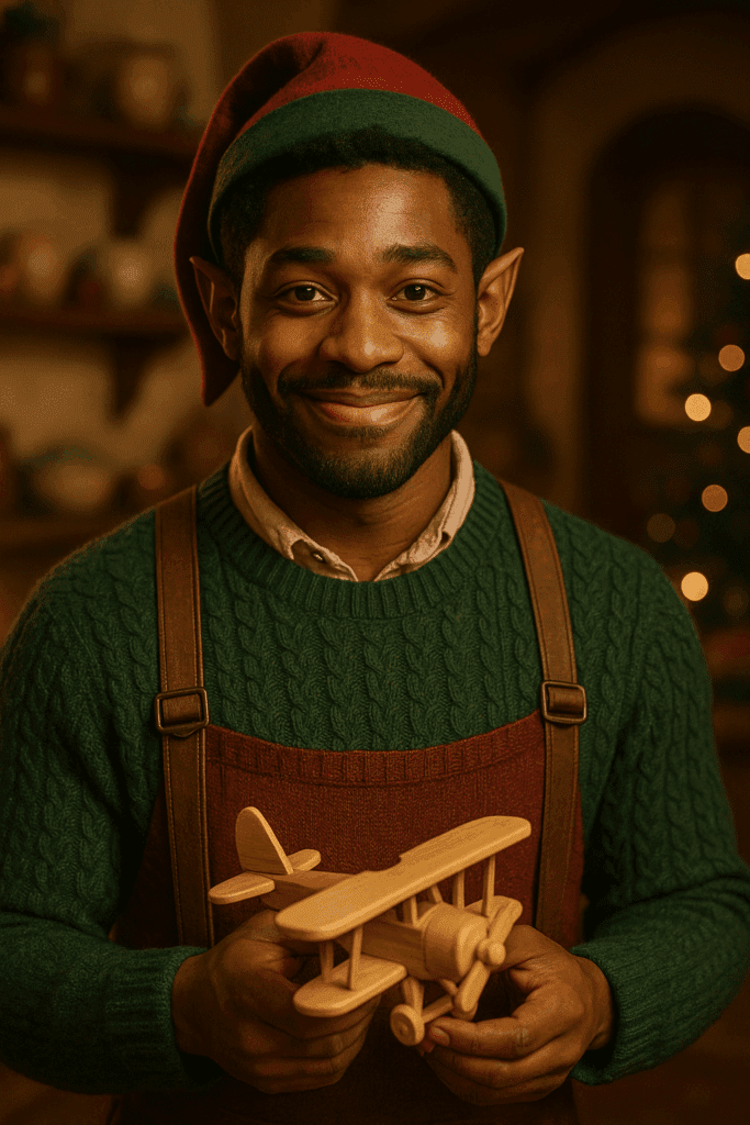 Barry the Elf, a North Pole elf with slightly pointy ears, holding a wooden airplane in a cozy Christmas workshop