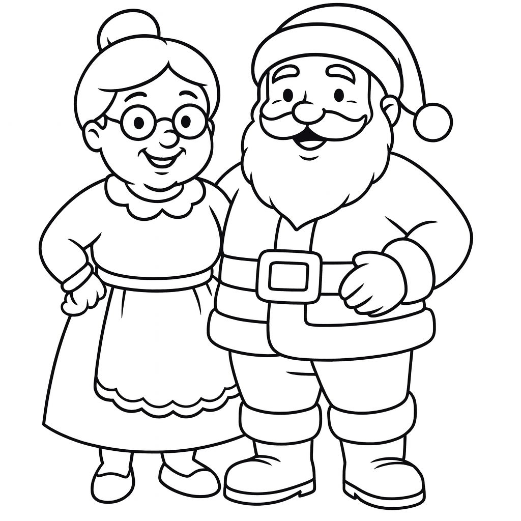 Black and white bold line drawing of Santa Claus and Mrs. Claus standing together, designed as an easy Christmas coloring page