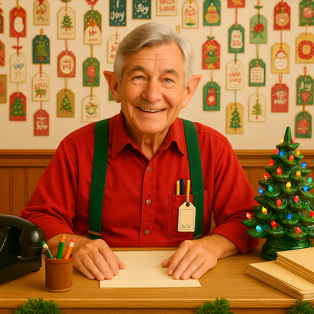 An elderly elf with gentle pointed ears, wearing a red shirt and green suspenders, sits smiling behind a wooden desk in a bright, cozy office. A vintage rotary phone faces him on the left, a cup of colored pencils sits nearby, and a lit ceramic Christmas tree stands on the right beside a stack of folders. The cream walls behind him are covered in colorful Christmas gift tags, creating a festive holiday atmosphere.