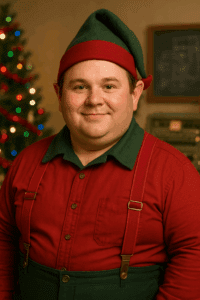 A plump, friendly North Pole elf named Gizmo, dressed in red suspenders, a green collared shirt, and a green-and-red elf hat, smiles warmly in a festive workshop decorated for Christmas.