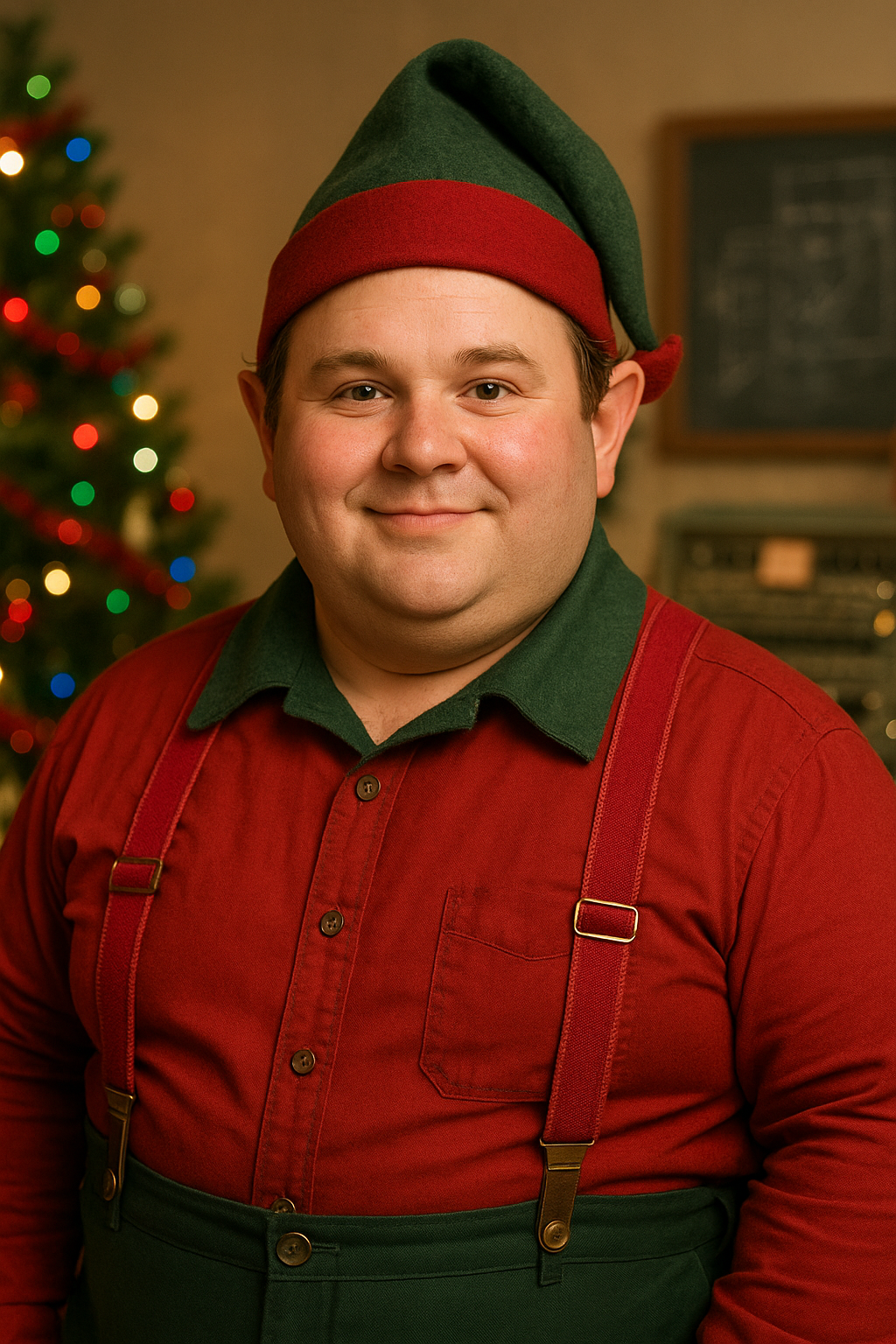 A plump, friendly North Pole elf named Gizmo, dressed in red suspenders, a green collared shirt, and a green-and-red elf hat, smiles warmly in a festive workshop decorated for Christmas.