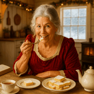 Mrs. Claus sitting at a wooden table in her cozy North Pole kitchen, taking a bite of a powdered sugar lemon bar with a fork, a plate of lemon bars, a teapot, and a cup of tea on the table, daylight and snow falling outside the window.