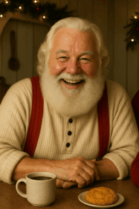 Santa Claus smiles warmly at the camera while seated at a wooden table in a cozy country kitchen, wearing a cream henley shirt and red suspenders, with a mug of coffee and a cookie in front of him.