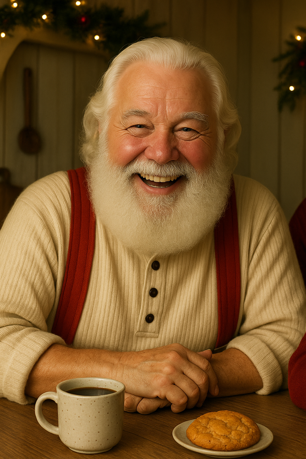 Santa Claus smiles warmly at the camera while seated at a wooden table in a cozy country kitchen, wearing a cream henley shirt and red suspenders, with a mug of coffee and a cookie in front of him.