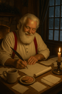 Photo-realistic image of Santa Claus seated alone at a wooden desk in a warm, Dickensian-style study, writing with a quill on parchment by candlelight. The desk is covered with handwritten letters, a mug of cocoa, and a plate of cookies. A fireplace glows in the background, and snow falls softly outside the window.