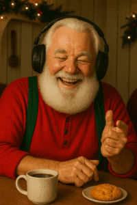Santa Claus in a red shirt with green suspenders, wearing headphones and snapping his fingers while enjoying music, with coffee and a cookie on the table.