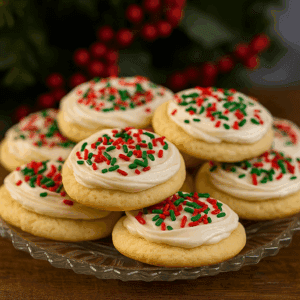 A close-up of soft sugar cookies with white frosting and red and green sprinkles, stacked on a clear glass plate with a rustic wooden table and holiday greenery in the background.