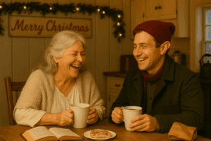 Mrs. Claus laughs joyfully with a delivery elf at her cozy North Pole kitchen table, both holding mugs of coffee, with a pastry and open book between them, surrounded by soft holiday décor and warm lighting.
