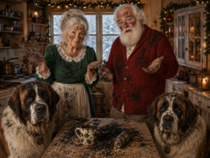 Santa and Mrs. Claus with two Saint Bernard dogs in a cozy North Pole kitchen after a funny Christmas soot mishap.