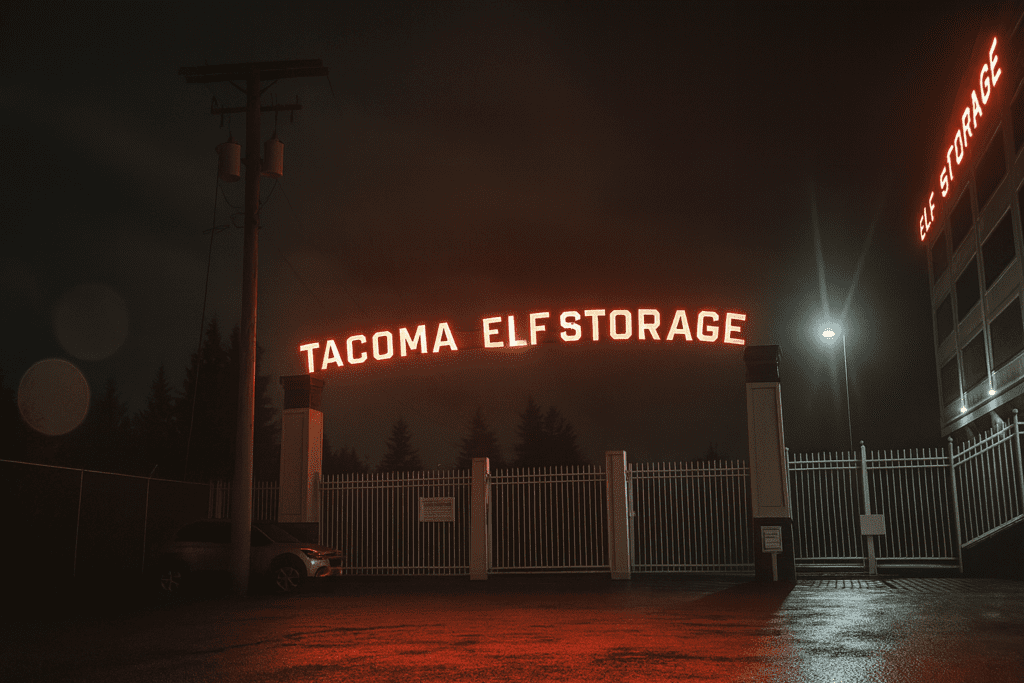 Nighttime photo of a neon-lit “Tacoma Self Storage” facility with the “S” in “SELF” burnt out, humorously reading “Tacoma Elf Storage,” with wet pavement reflecting red light.
