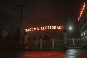 Nighttime photo of a neon-lit “Tacoma Self Storage” facility with the “S” in “SELF” burnt out, humorously reading “Tacoma Elf Storage,” with wet pavement reflecting red light.