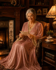 Mrs. Claus reading a letter beside the fireplace in her cozy Edwardian-style North Pole sitting room.